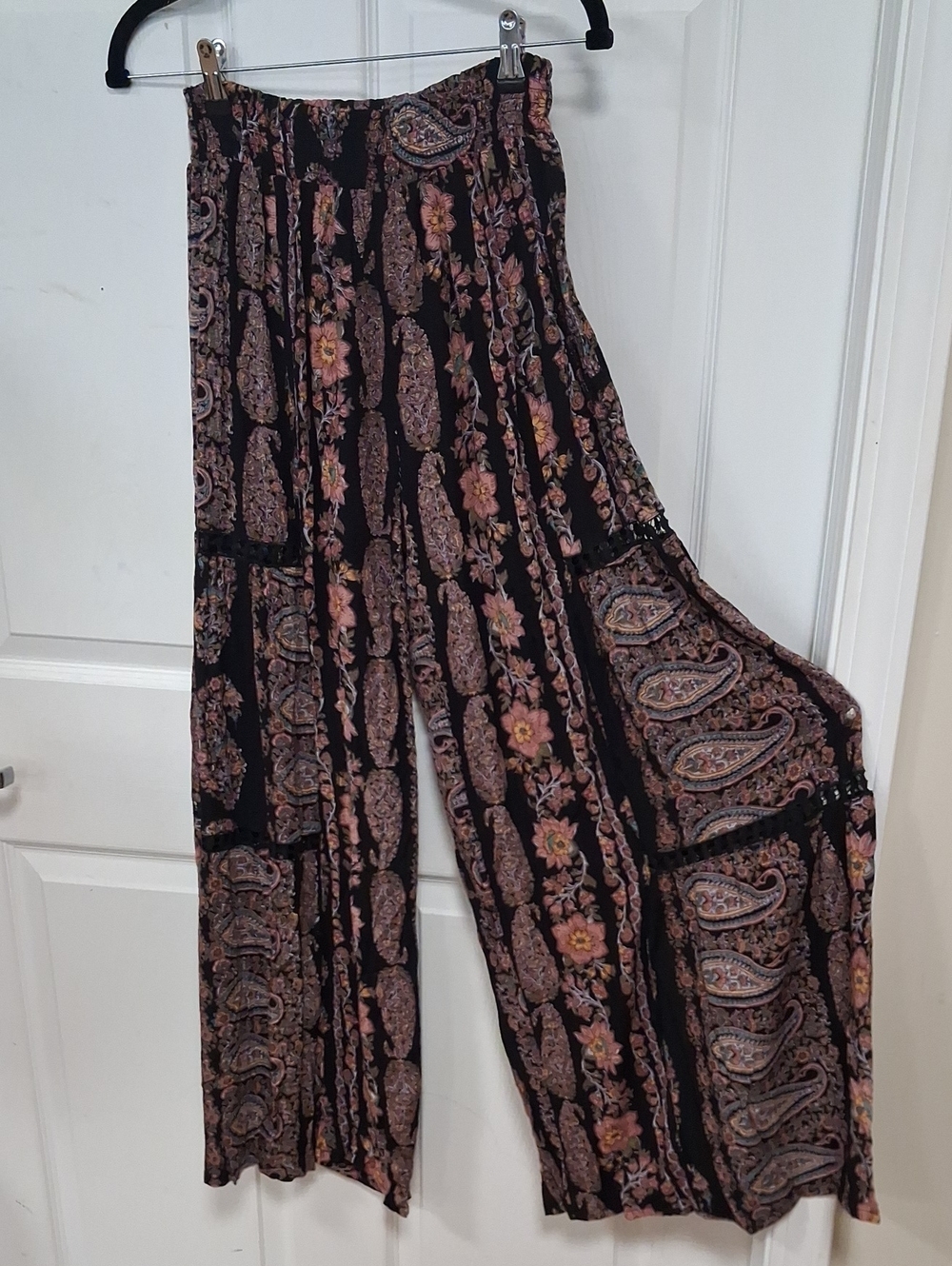 Angie Black Wide-Leg Pants with Pink Paisley Floral Print